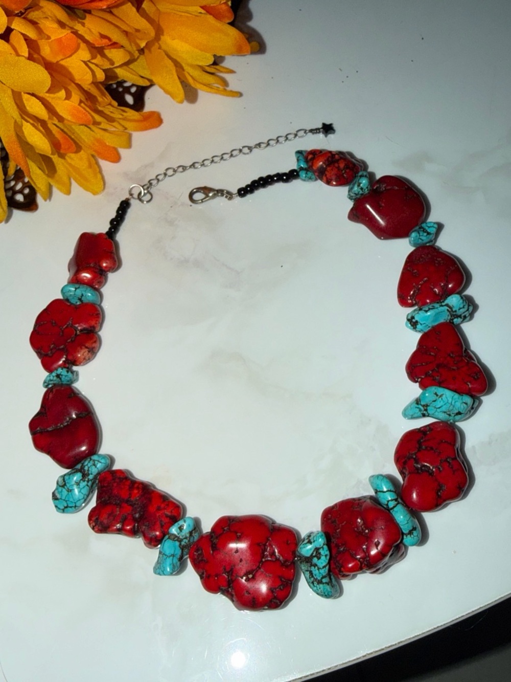 Chunky Red and Turquoise Stone Choker Necklace - Women’s Jewelry